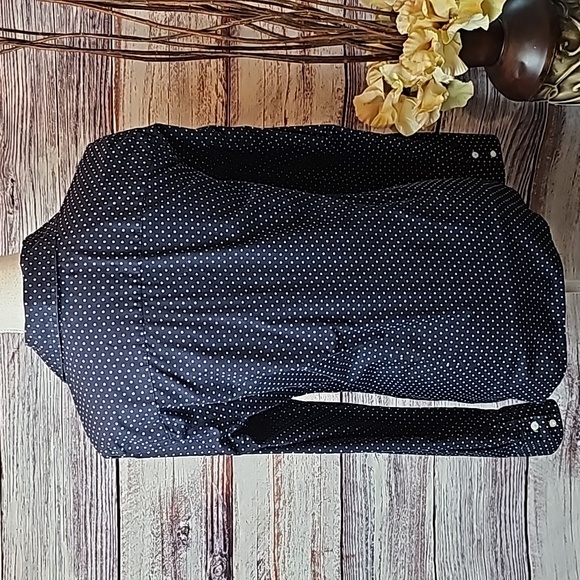 TOMMY HILFIGER NAVY WHITE POLKA DOT LONG ROLL-TAB SLEEVE BUTTON-UP BLOUSE - Picture 5 of 16